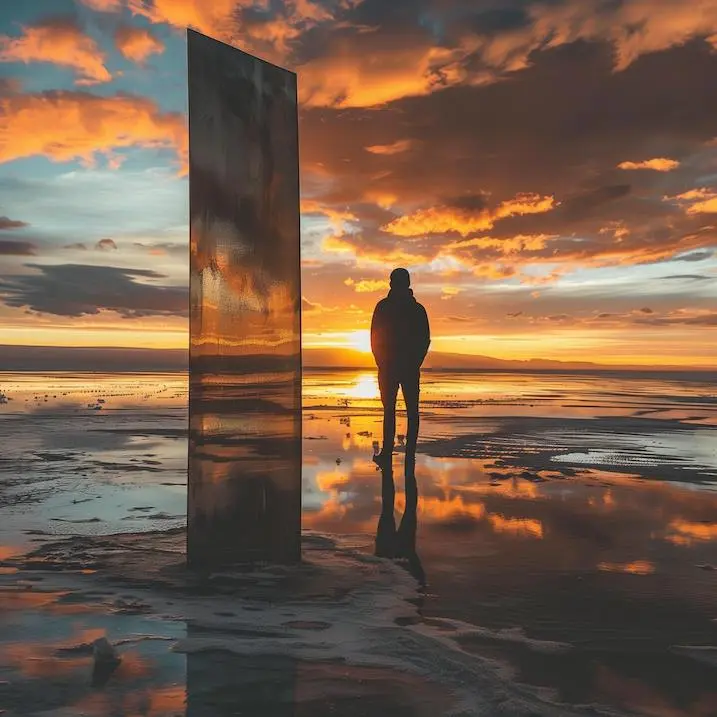 a person standing next to a tall glass structure