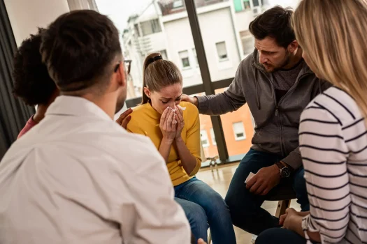 a woman crying in a circle